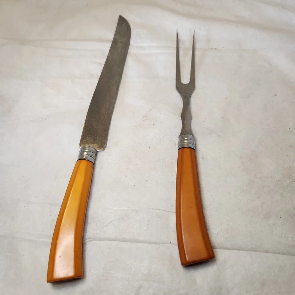 Vintage Bakelite 2 piece Carving Fork And Carving Knife Butterscotch Stainless